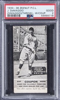 1933-36 Zeenut P.C.L. Joe DiMaggio (DeMaggio), Throwing, With Coupon Rookie Card – PSA GD 2